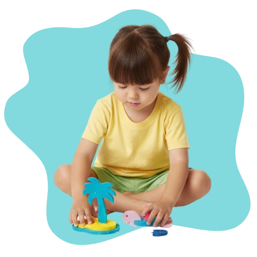 Toddlers role-playing treasure hunts with floating foam pieces and puppets