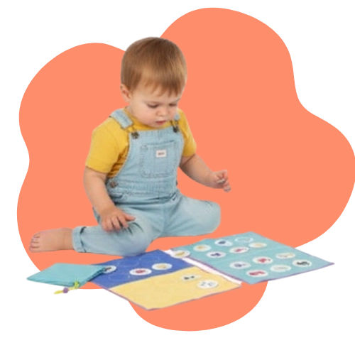 Child practicing color recognition and hand-eye coordination with game pieces