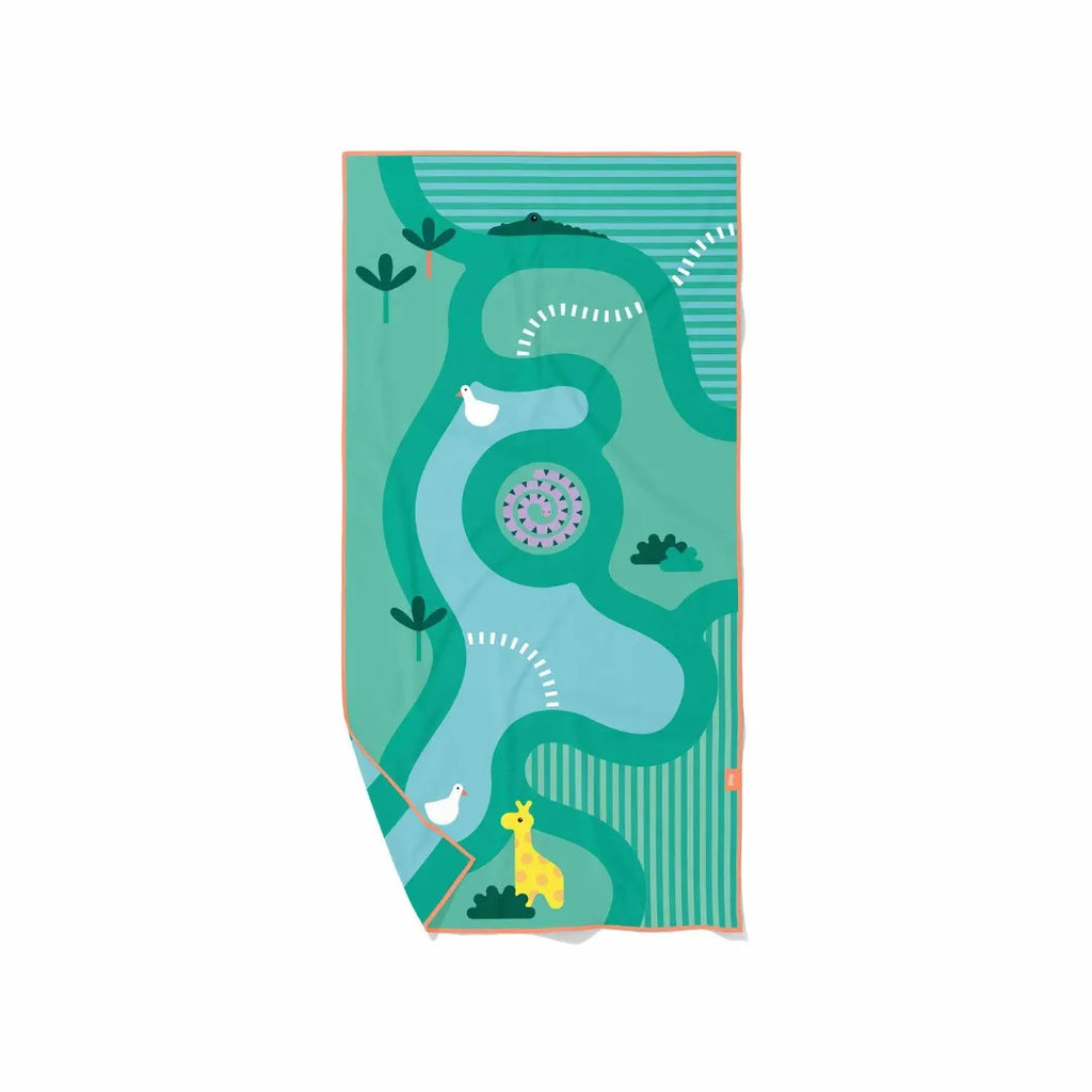 Double-sided kids play towel with safari game front and graphic design back