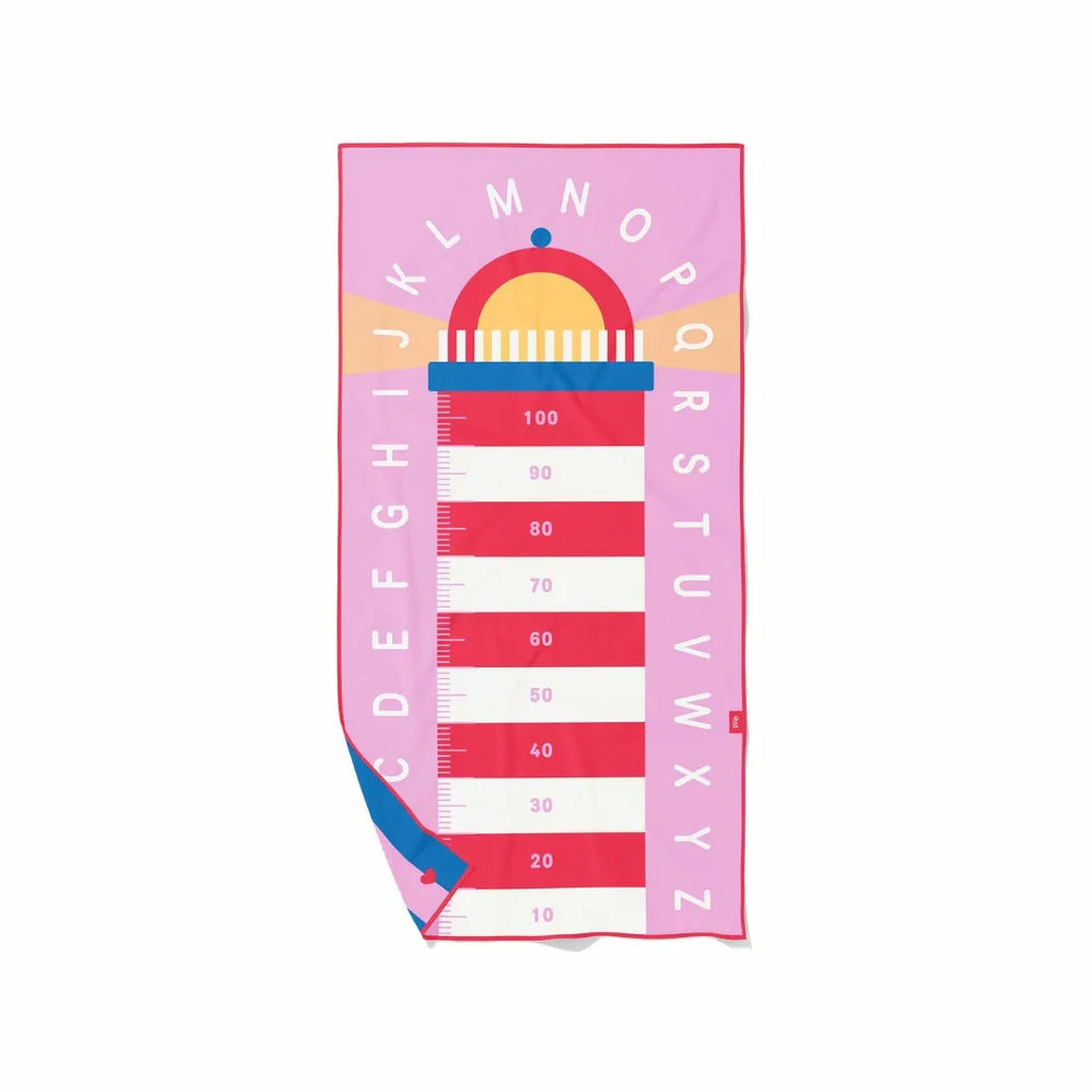 Double-sided kids play towel with lighthouse game design for beach and pool use