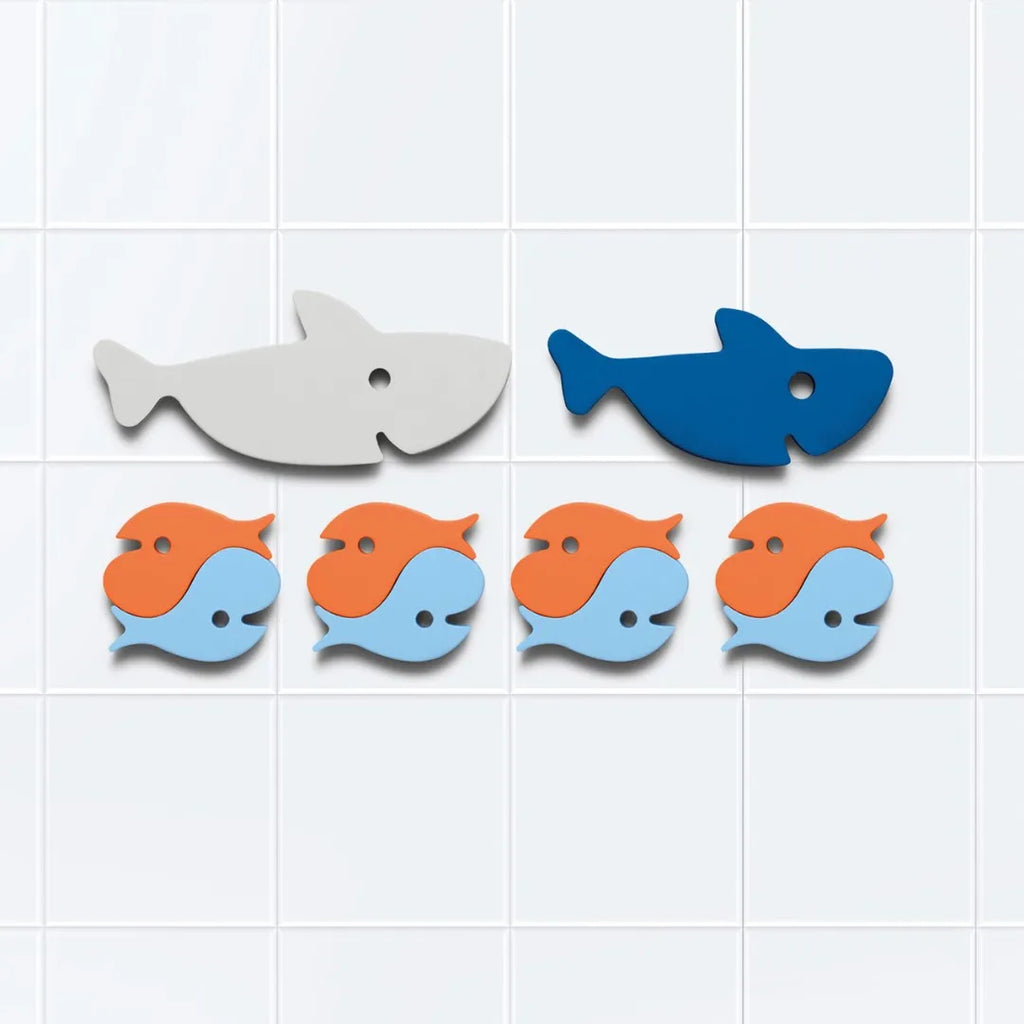 Bath Puzzle Shark set with 2 floating sharks and 8 colorful fish for toddlers