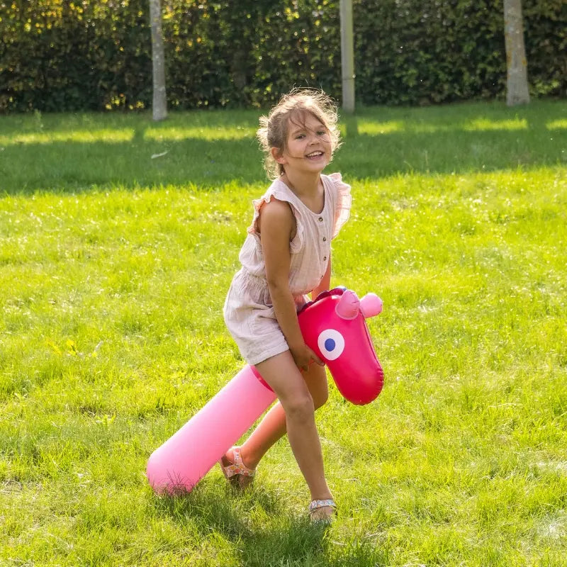 Noodle Horse in Action – kids riding and floating for pool, garden, and beach fun