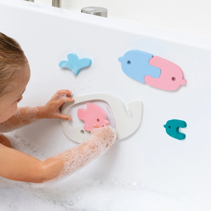 Bath Puzzle Whale in Action – toddlers float, stick, and feed whale and fish for fun