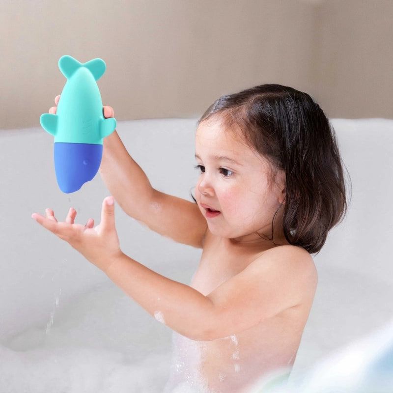 Squeezi Shark in Action – toddlers explore, squeeze, and play with soft silicone bath toy