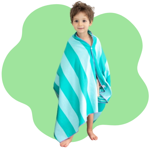 Reversible kids towel with safari game front and graphic back for play and drying