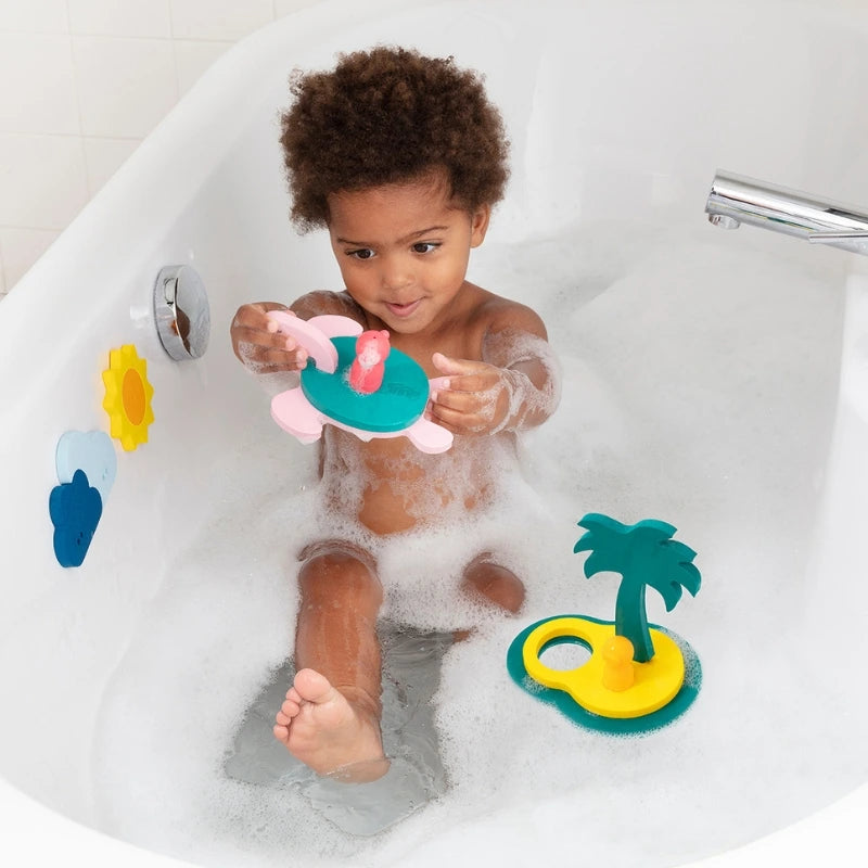 Toddlers explore floating foam shapes and finger puppets, turning bath time into a fun treasure hunt. Safe, creative, and skill-building play for 10 months+.