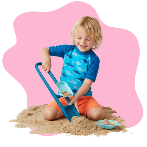 Kids moving sand quickly using both hands and feet with Scoppi shovel