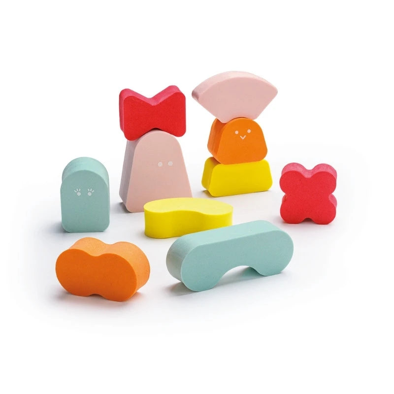Pink Blokki soft foam stacking blocks arranged for toddler play