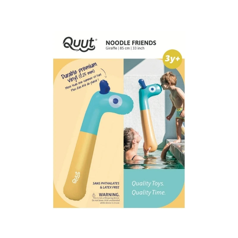 Inflatable Noodle Giraffe shown in pool and on land for dual-purpose fun