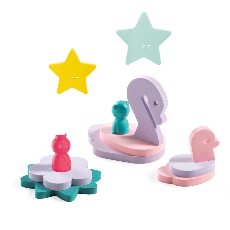Stars and foam shapes laid out to show size, texture, and colorful design