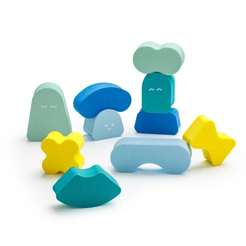 Blue Blokki lightweight foam blocks designed for safe indoor stacking
