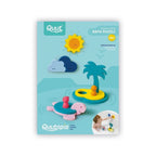 Floating foam pieces including treasure chests, palm trees, and islands for bath play