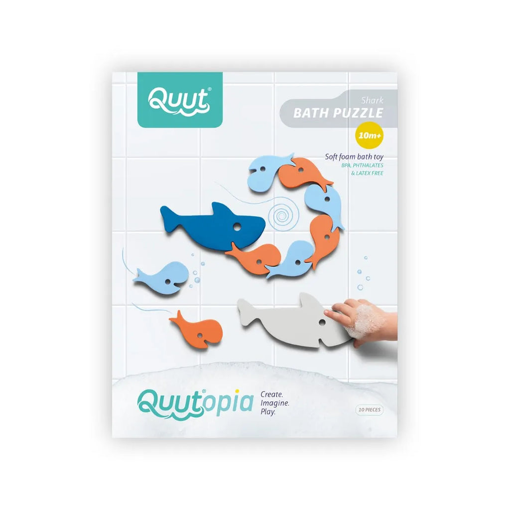 Close-up of Bath Puzzle Shark pieces showing 3D floating foam shapes