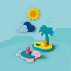 Detailed view of colorful floating foam shapes safe for toddlers