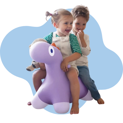 Kids pretending and role-playing with a dinosaur ride-on toy, encouraging imagination and social play
