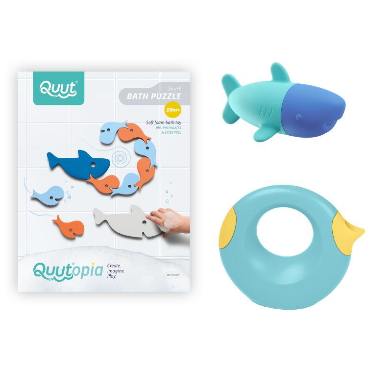 One image featuring all three Shark Bath Bundle toys together
