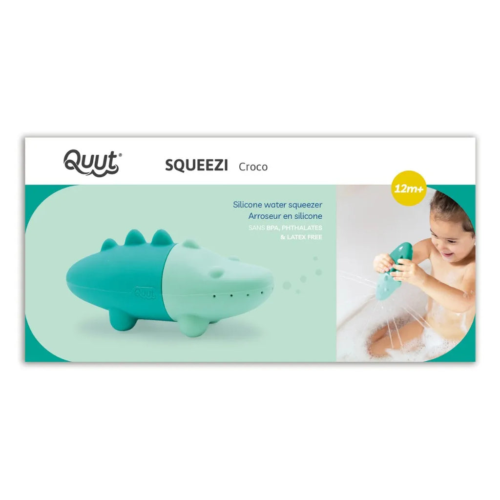 Close-up of green Squeezi Croco showing smooth, mold-resistant silicone design